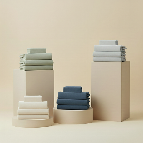 Align Linen Viscose 5 Piece Sheet Set in sage, fog, harbor, and bone sitting on beige pillars.