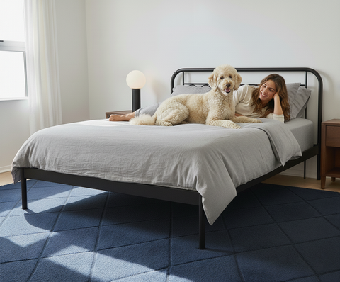 A comfortable easy-clean duvet cover that is designed to keep your mattress safe from pets, on a bed with a dog and a woman cuddling. 