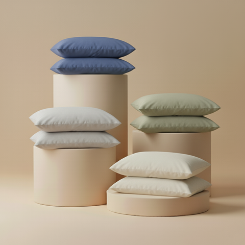 Linen viscose pillowcases in bone, sage, fog, and harbor sitting on beige pillars.