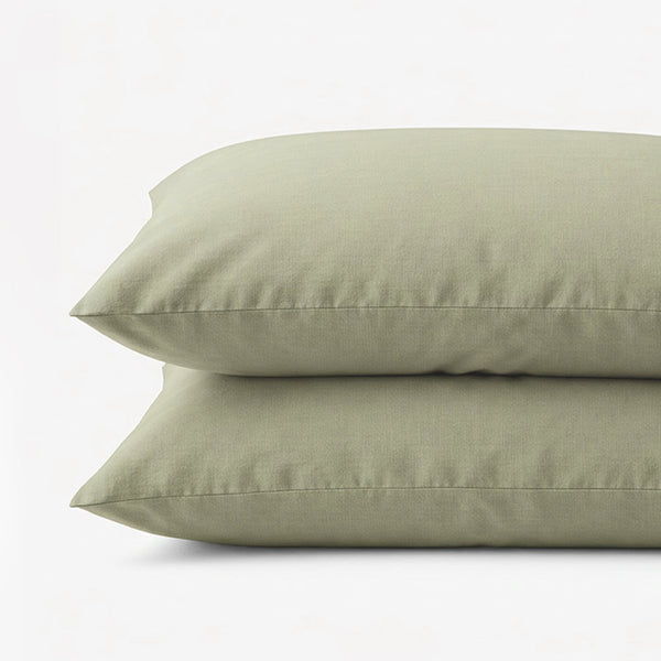 An up-close and detailed look at the hybrid linen viscose blend fabric in the sage pillowcase set.