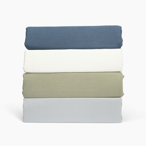 Up close look at the comfortable Align Linen Viscose 5 Piece Sheet Set in fog, sage, harbor, and bone.