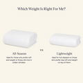 Comparison of all-season and lightweight pillows on a beige background. The All-Season is ideal for those who prefer loft and weight. The Lightweight is ideal for hot sleepers and prefer less weight.
