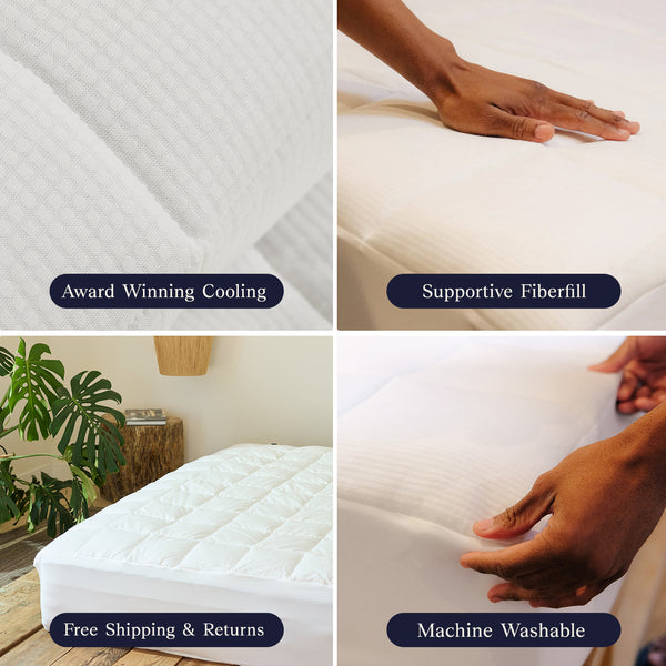 Four highlights of the Performance Mattress Pad: Award Winning Cooling, Supportive Fiberfill, Free Shipping & Returns, and Machine Washable.