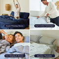 Four highlights of the Performance TENCEL™ Sheets: Woman laying in bed with the Navy sheets and the highlight "Award Winning Sheets". A man making the bed with the Alice sheets with the highlight "Dual Comfort Technologies". A couple laying in bed with the highlight "Free Shipping & Returns". A set of Dove gray sheets on a bed and the highlight "Machine Washable".